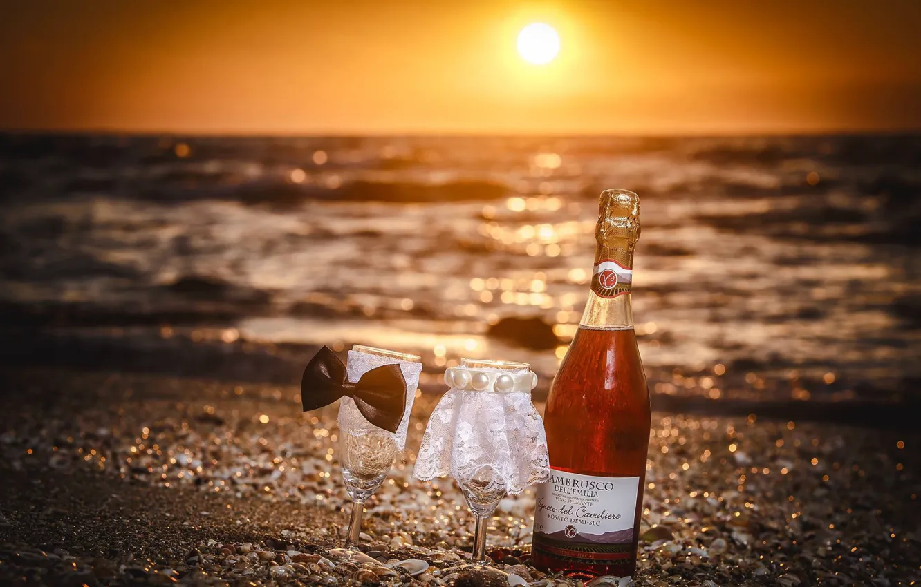 Photo wallpaper sea, sunset, wine, glasses, sea, sunset, wine, wedding