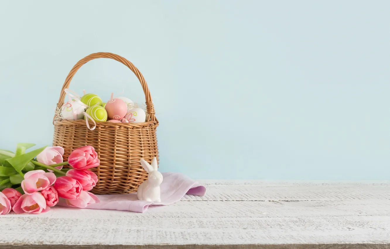 Photo wallpaper flowers, holiday, Board, eggs, bouquet, spring, rabbit, Easter