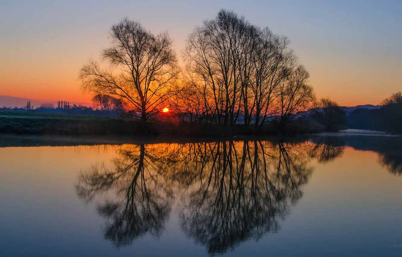Photo wallpaper the sky, water, the sun, trees, sunset, surface, reflection, river