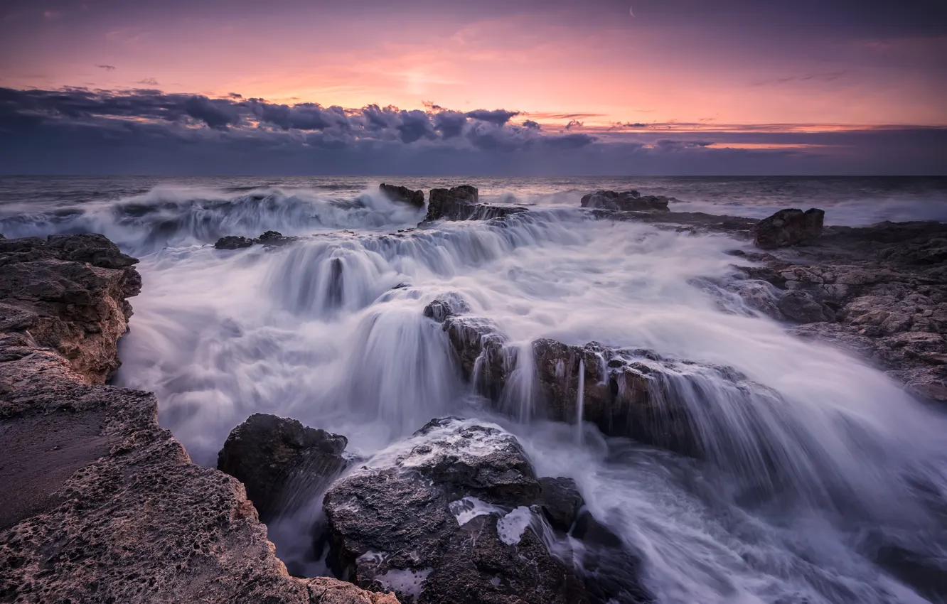Photo wallpaper sea, beach, landscape, sunset, nature, sunrise, stones, rocks