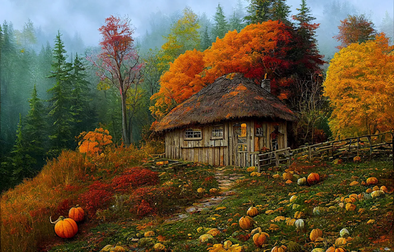 Photo wallpaper roof, field, autumn, forest, trees, fog, comfort, figure