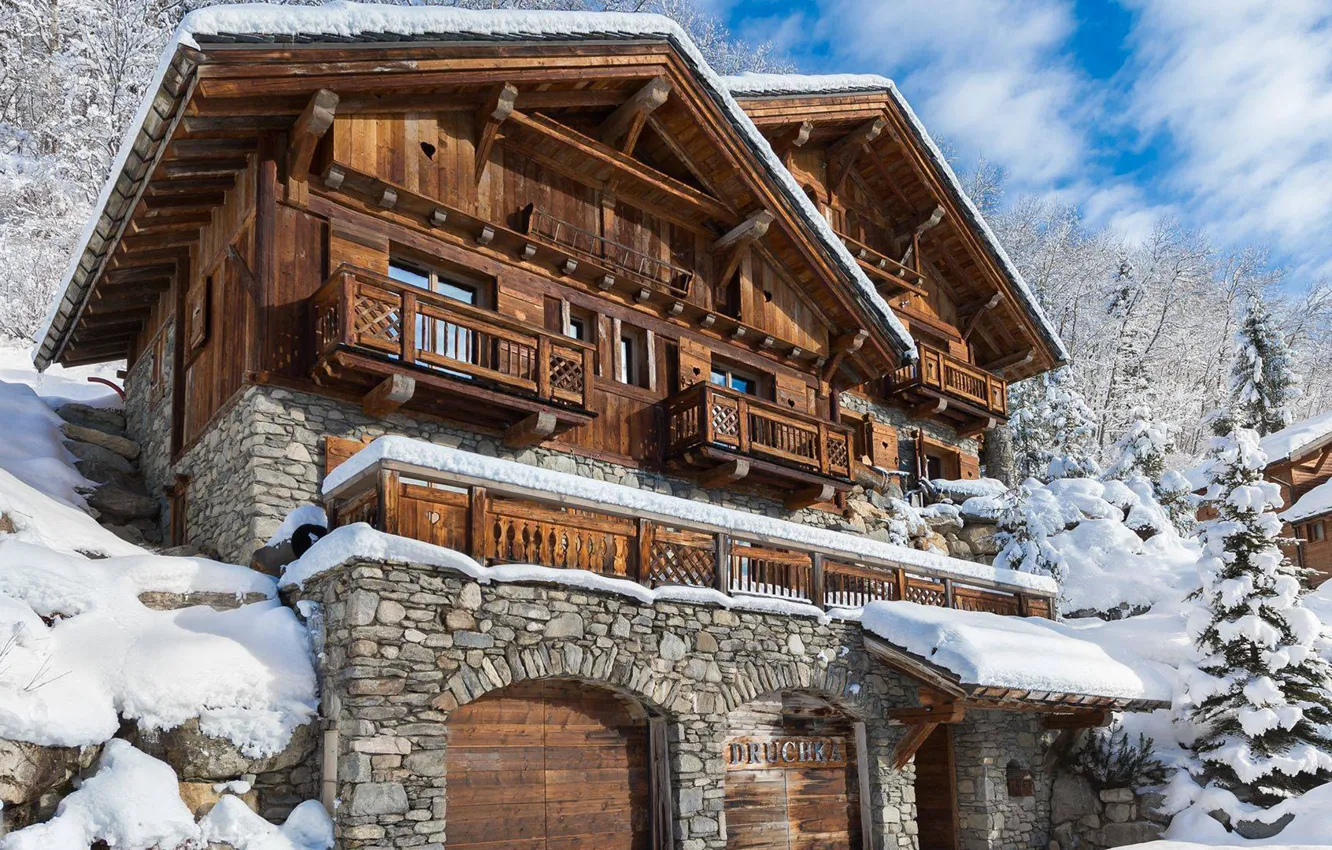 Photo wallpaper winter, snow, home, spruce