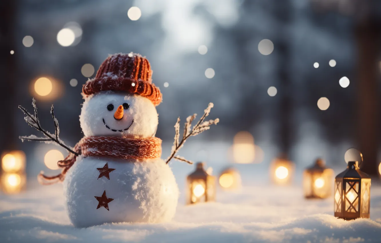 Photo wallpaper winter, snow, Christmas, New year, snowman, Christmas, winter, snow