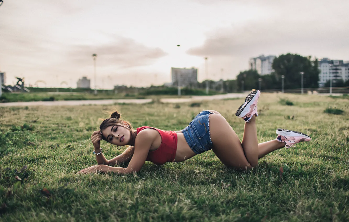 Photo wallpaper grass, girl, pose, shorts, Mike, figure, brunette, hairstyle