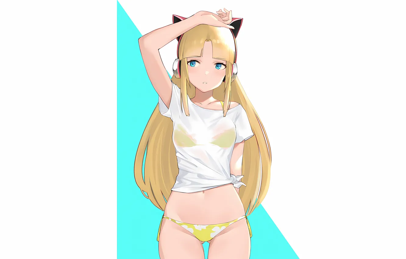 Photo wallpaper girl, sexy, long hair, anime, headphones, beautiful, pretty, bikini