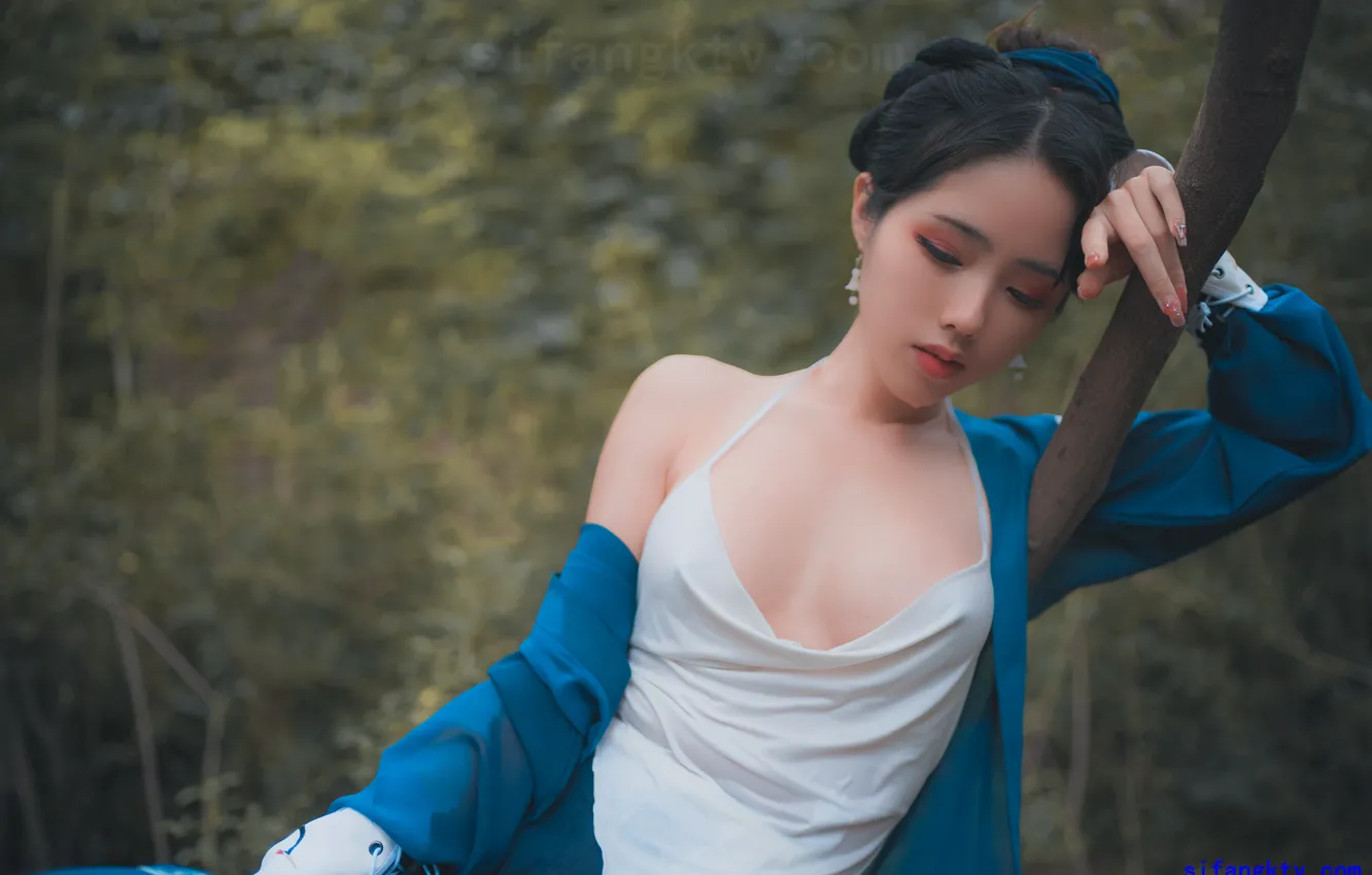 Photo wallpaper Asian, model, women, brunette, makeup, women outdoors, watermarked, nipple bulge