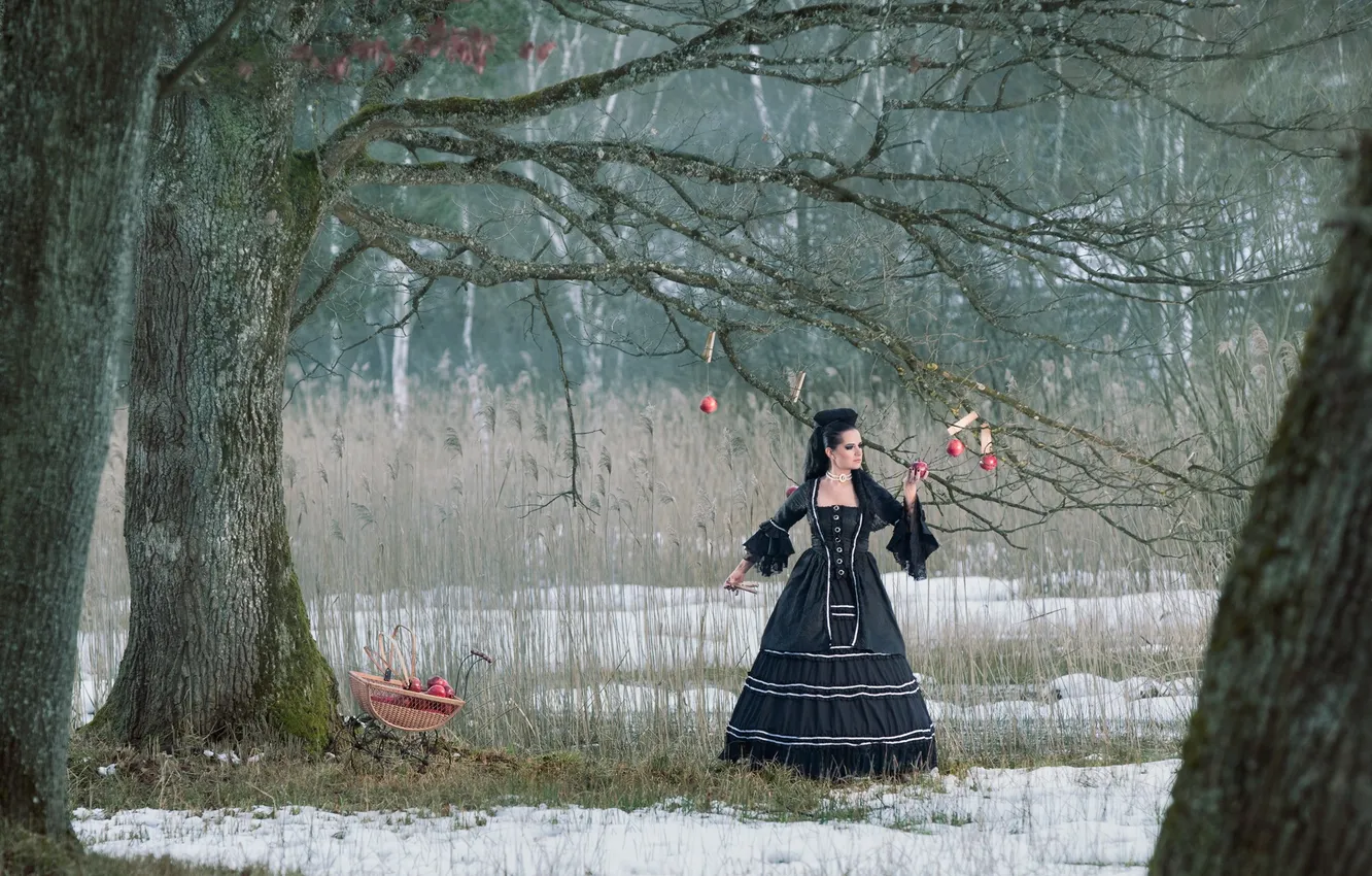 Photo wallpaper girl, trees, apples, clothespins