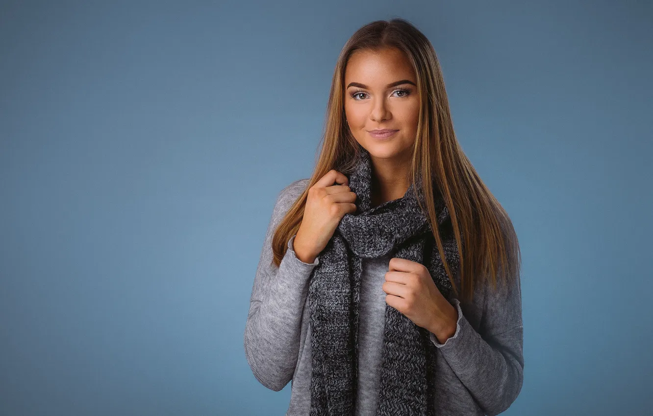 Photo wallpaper eyes, face, smile, background, hair, scarf, beauty, Felicia