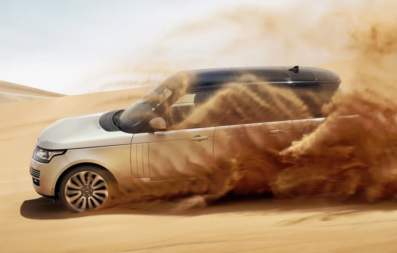 Photo wallpaper sand, the sky, desert, silver, jeep, SUV, Land Rover, Range Rover