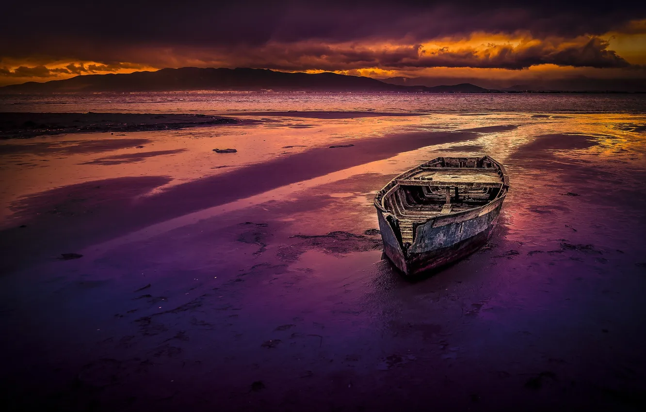 Photo wallpaper night, river, boat