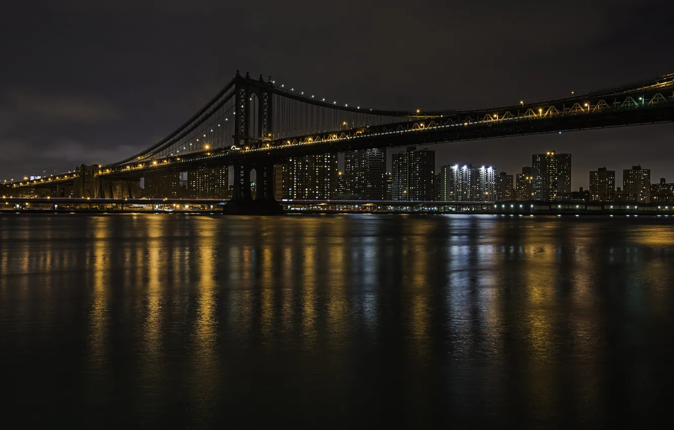 Photo wallpaper night, bridge, lights, New York, Manhattan