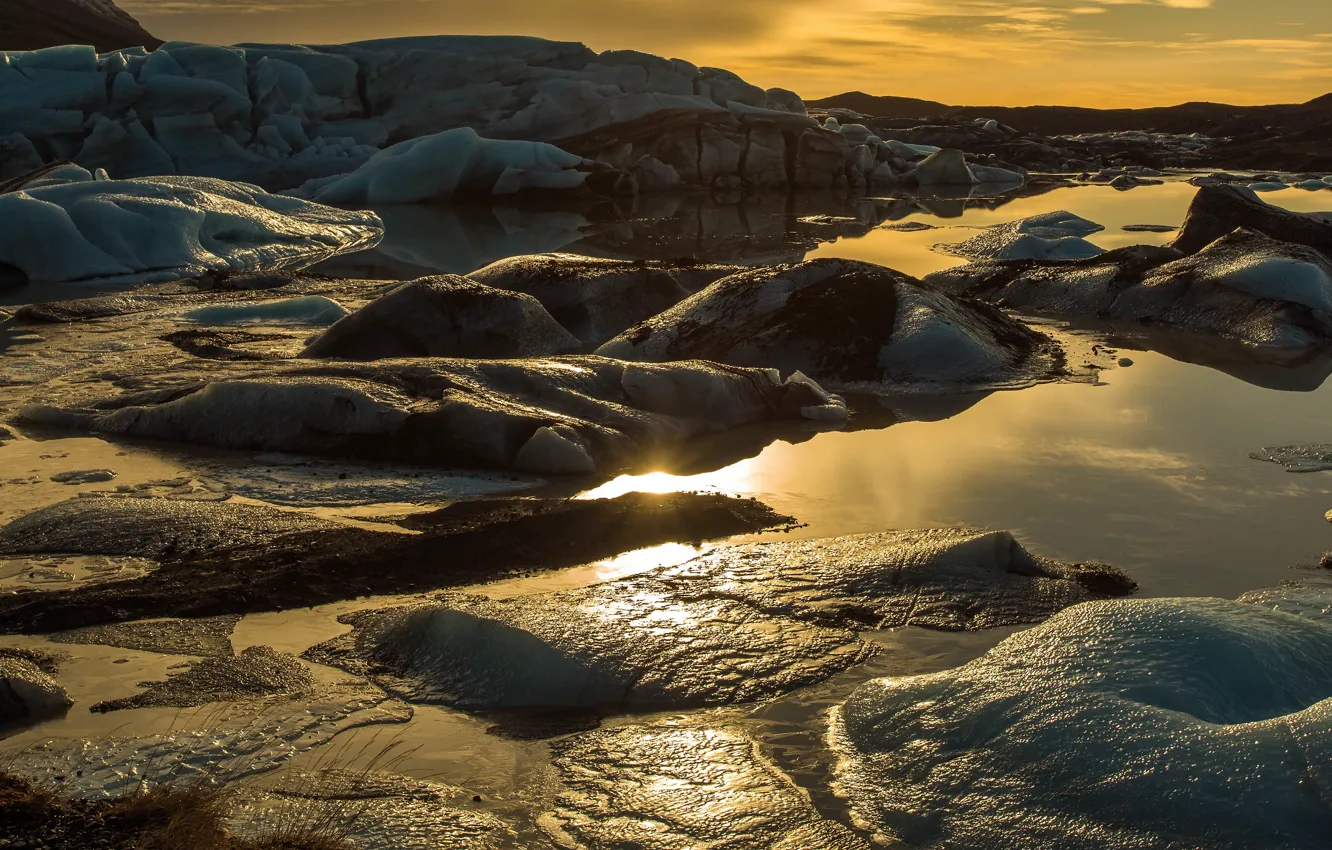 Photo wallpaper ice, winter, the sky, water, the sun, light, sunset, stones