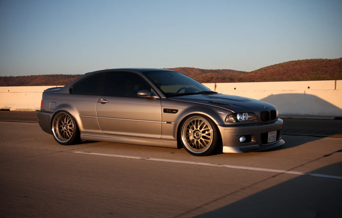 Photo wallpaper road, markup, the slopes, bmw, BMW, the fence, side view, road