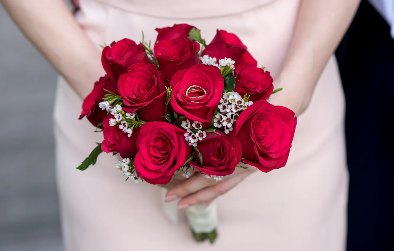Photo wallpaper flowers, red, roses, bouquet, ring, wedding, engagement