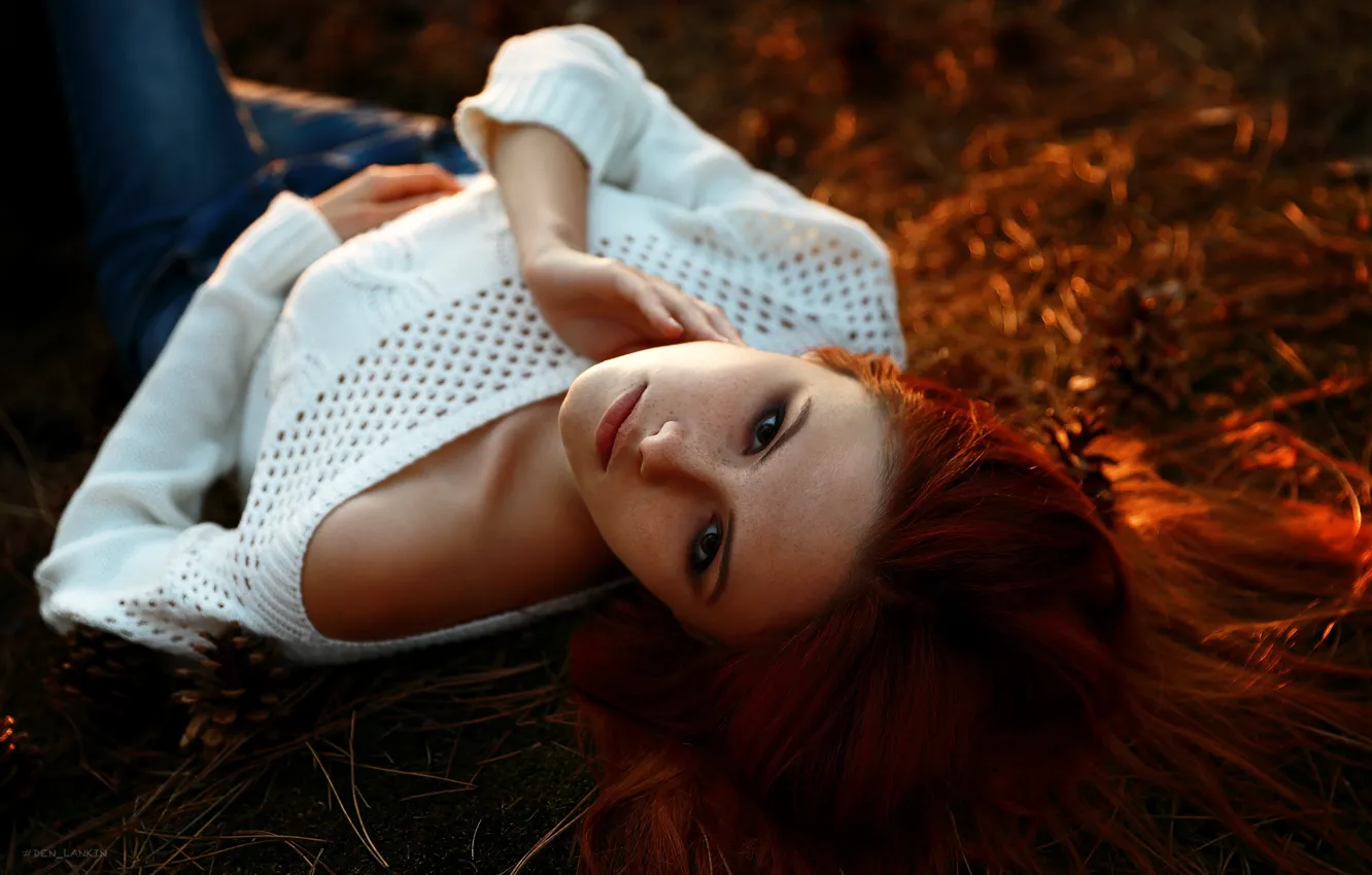 Photo wallpaper look, girl, face, pose, red, redhead, Angelina, Denis Lankin