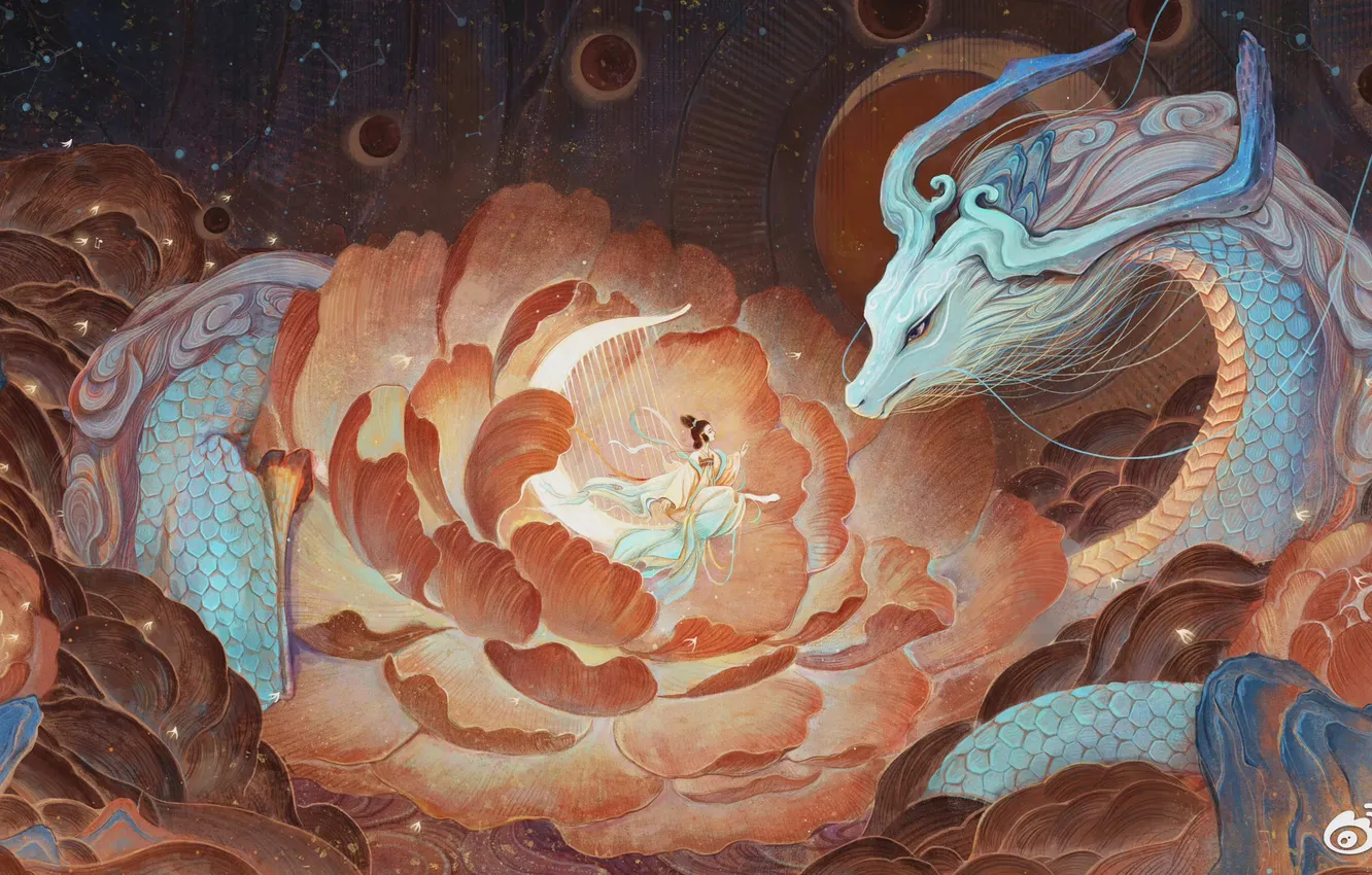 Photo wallpaper girl, flowers, dragon, peonies, Chinese dragon