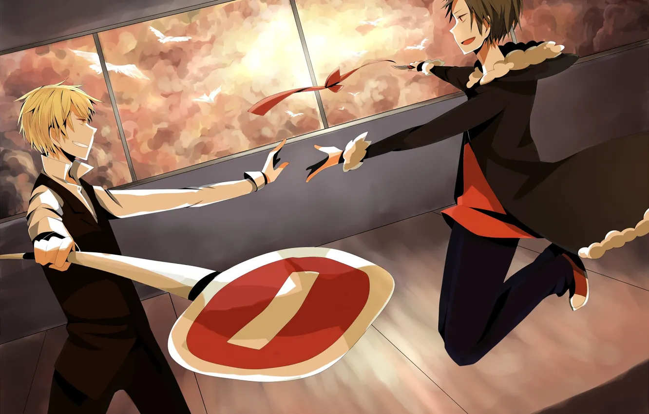 Photo wallpaper sunset, window, road sign, Durarara, Durarara, Shizuo Heiwajima, Of Izaya Orihara, the headless horseman