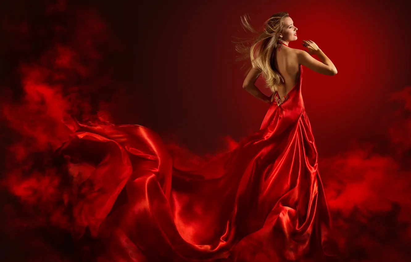 Photo wallpaper pose, model, blonde, haze, red dress, red background