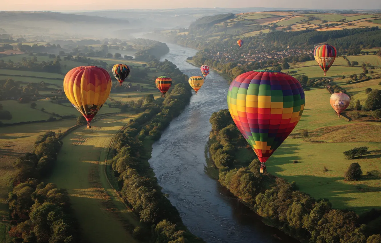 Photo wallpaper light, flight, landscape, river, balloons, shore, dal, haze