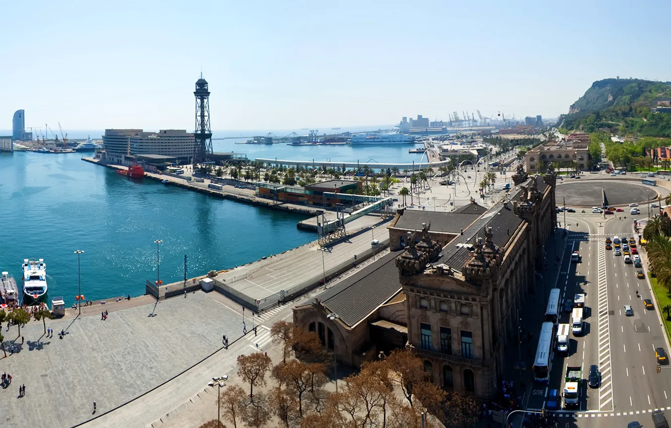 Photo wallpaper coast, home, ships, area, port, Spain, Barcelona