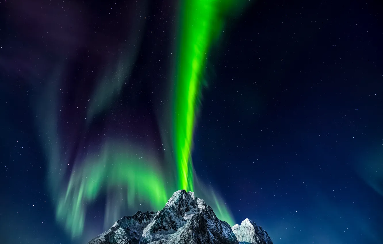 Photo wallpaper mountains, Northern lights, Norway, Norway, starry sky, The Lofoten Islands, Lofoten Islands