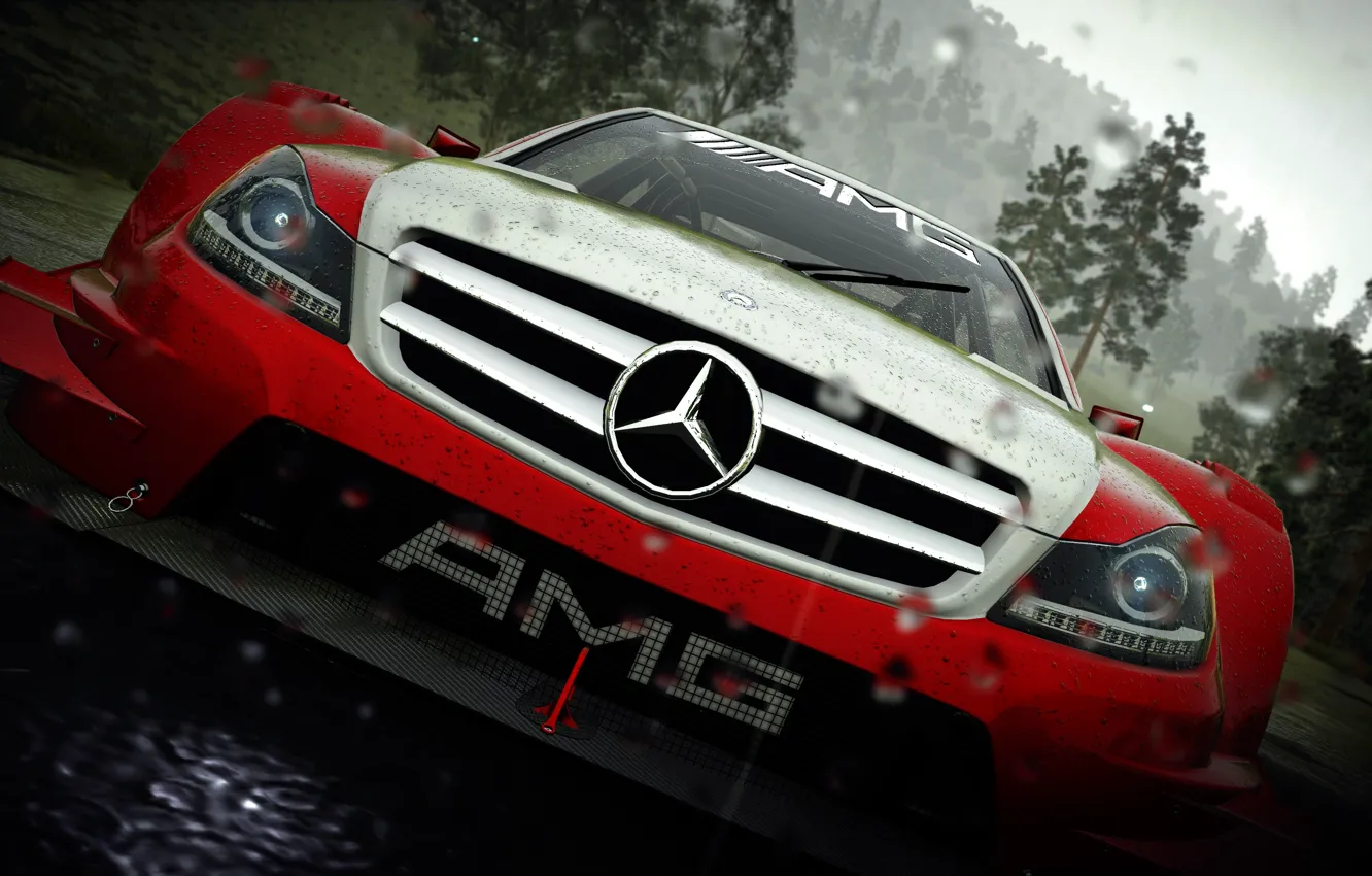 Photo wallpaper car, Mercedes, game, rain, AMG, red and white, the crew, circuit