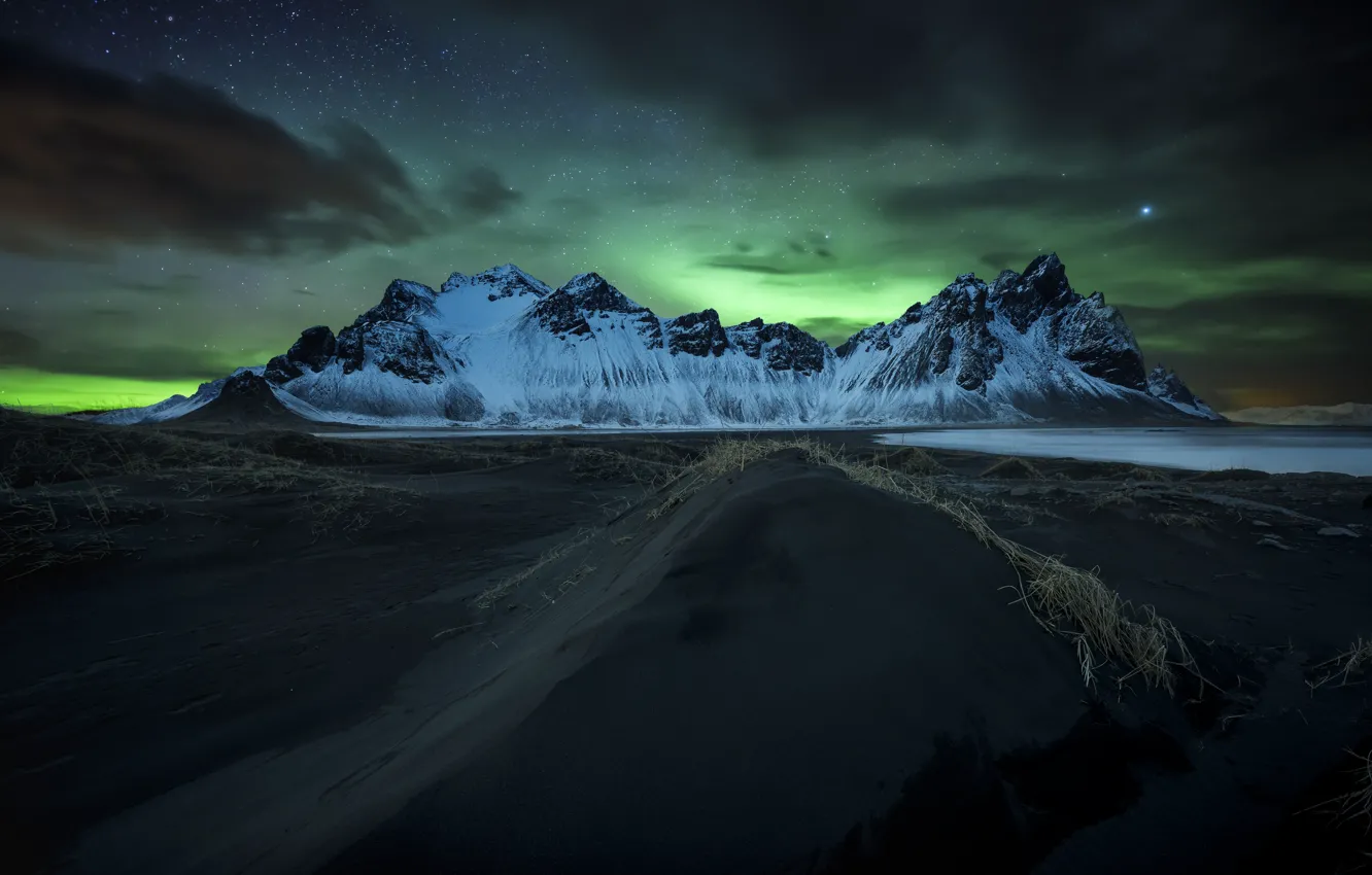 Photo wallpaper mountains, night, Northern lights, Iceland, Have stokksnes