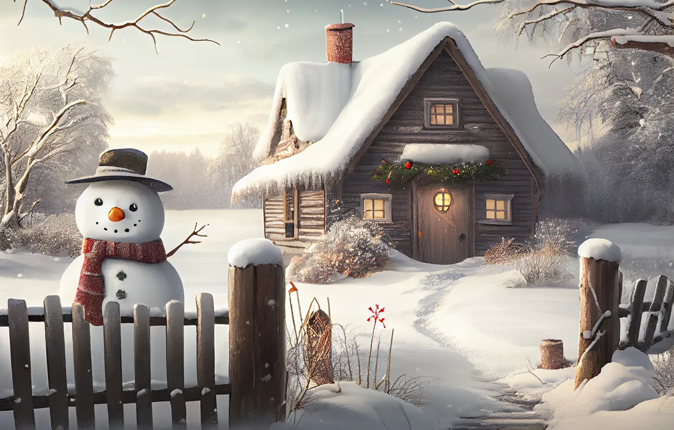Photo wallpaper winter, snow, new year, hut, home, Christmas, house, snowman