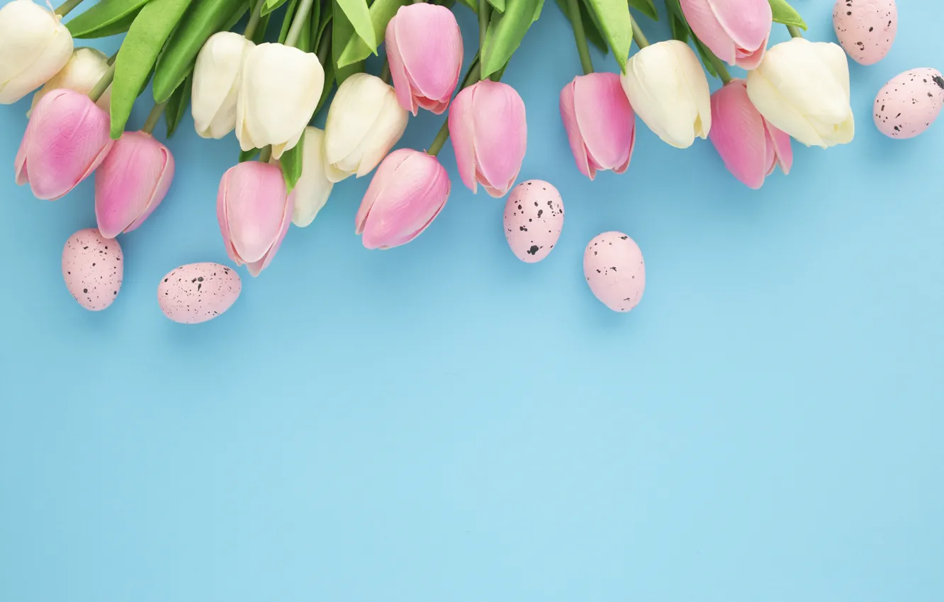 Photo wallpaper flowers, holiday, eggs, bouquet, spring, Easter, tulips, pink