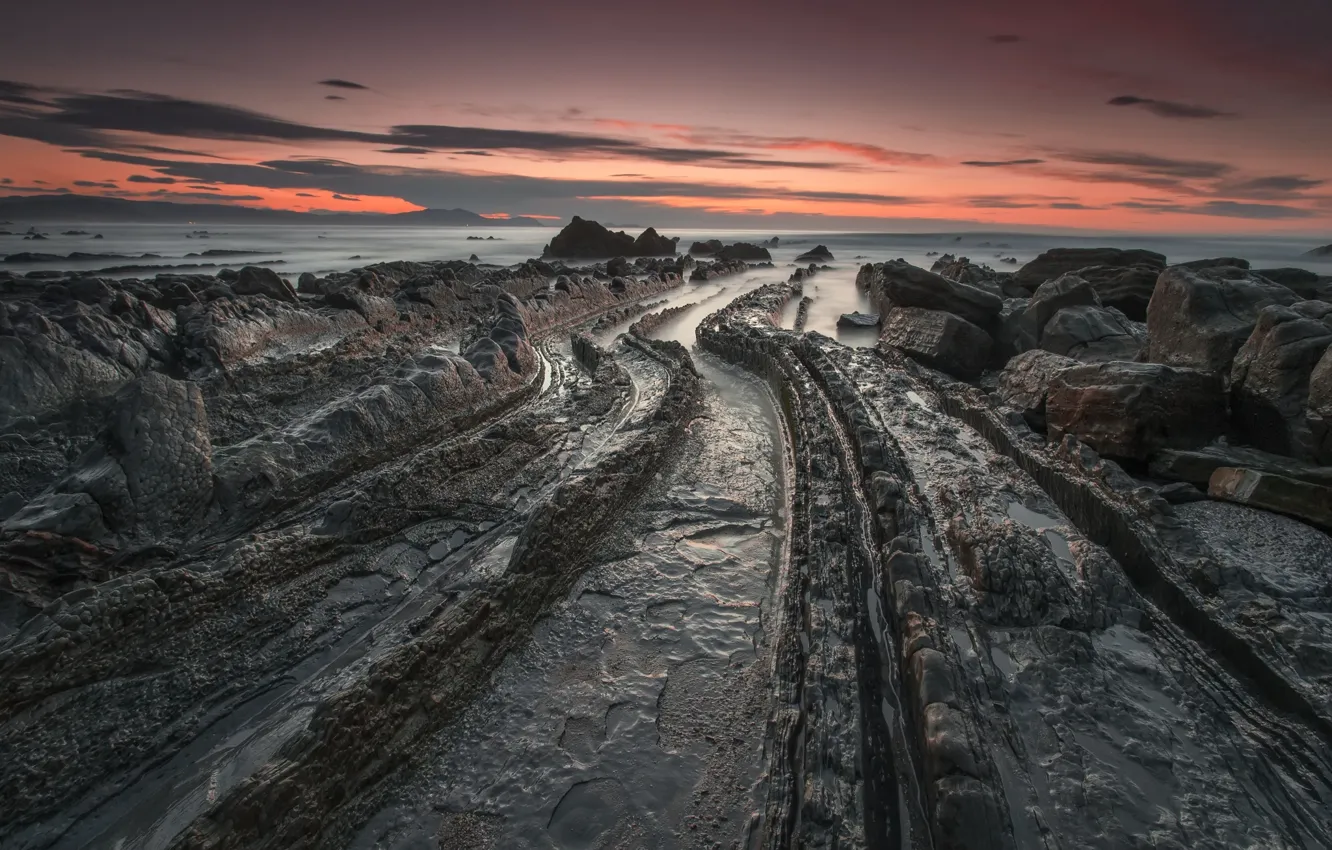Photo wallpaper sea, stones, rocks, dawn, coast