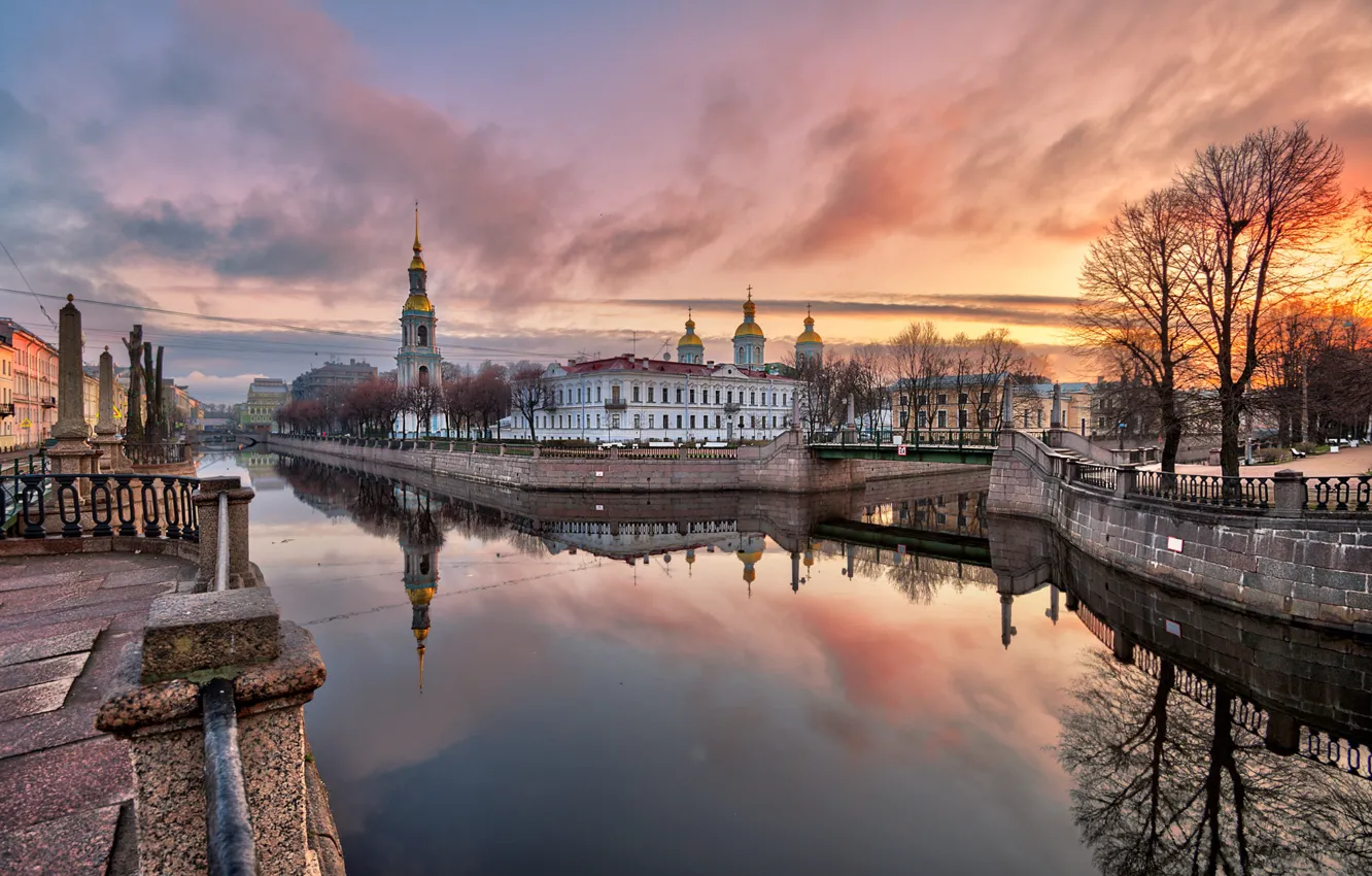 Photo wallpaper autumn, sunset, the city, reflection, building, tower, Peter, Saint Petersburg