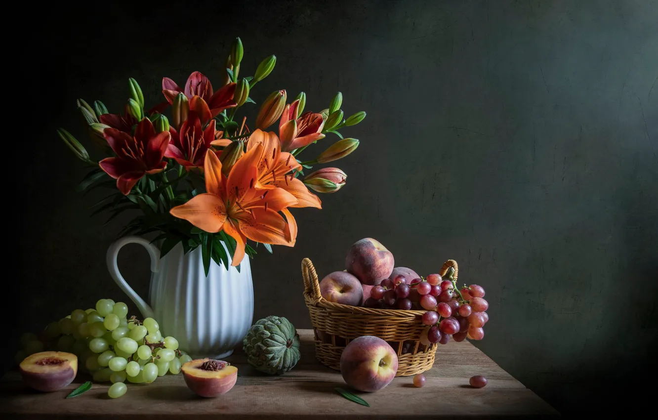 Photo wallpaper leaves, flowers, berries, Lily, grapes, pitcher, fruit, still life