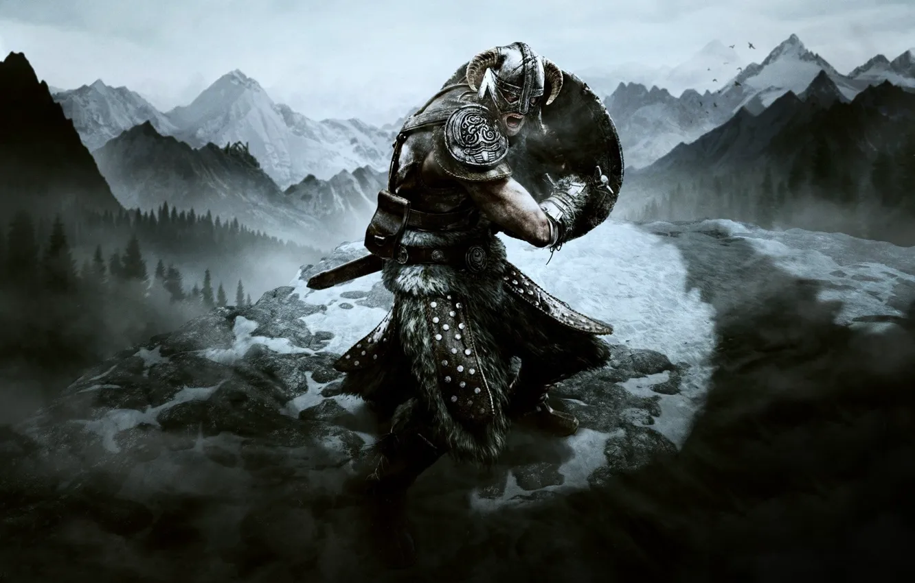 Photo wallpaper snow, sword, warrior, shield, the elder scrolls, Skyrim