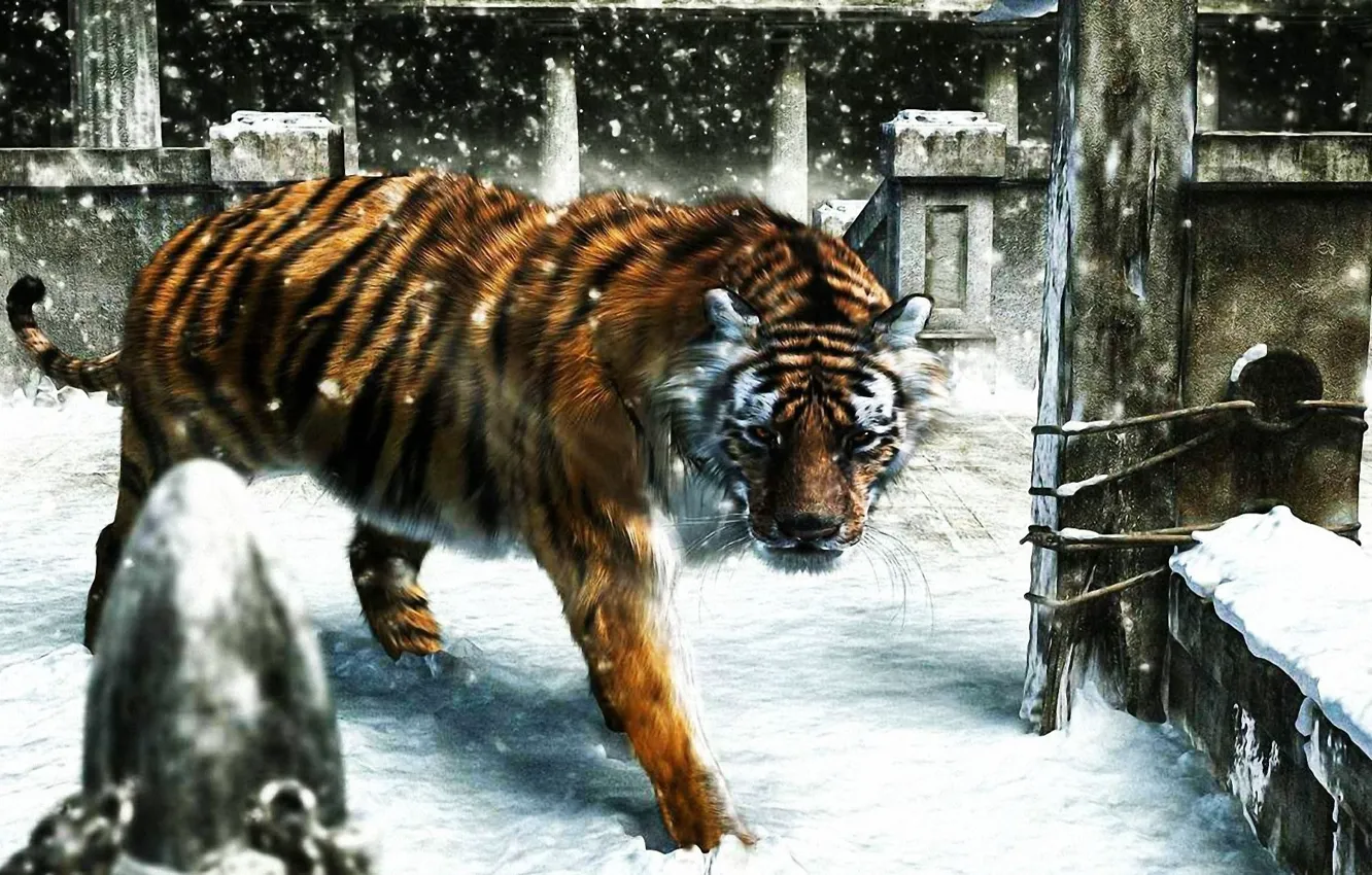 Photo wallpaper winter, snow, tiger, rendering, is