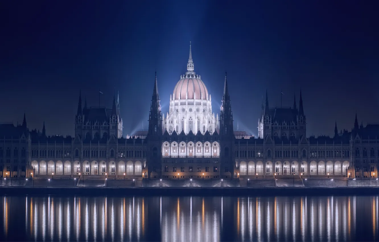 Photo wallpaper night, lights, reflection, river, the building, backlight, promenade, Parliament