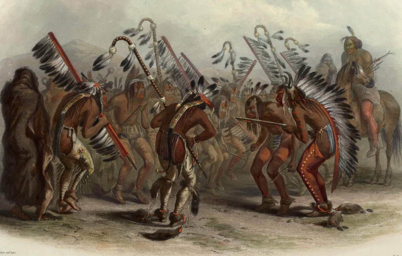 Photo wallpaper picture, painting, painting, Karl Bodmer, Bodmer, 1843, dance of the mandan indians