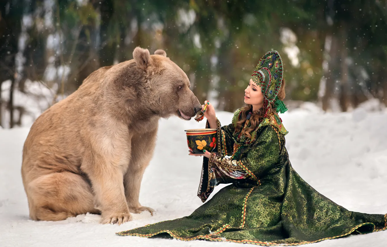 Photo wallpaper winter, look, girl, snow, nature, pose, bear, costume