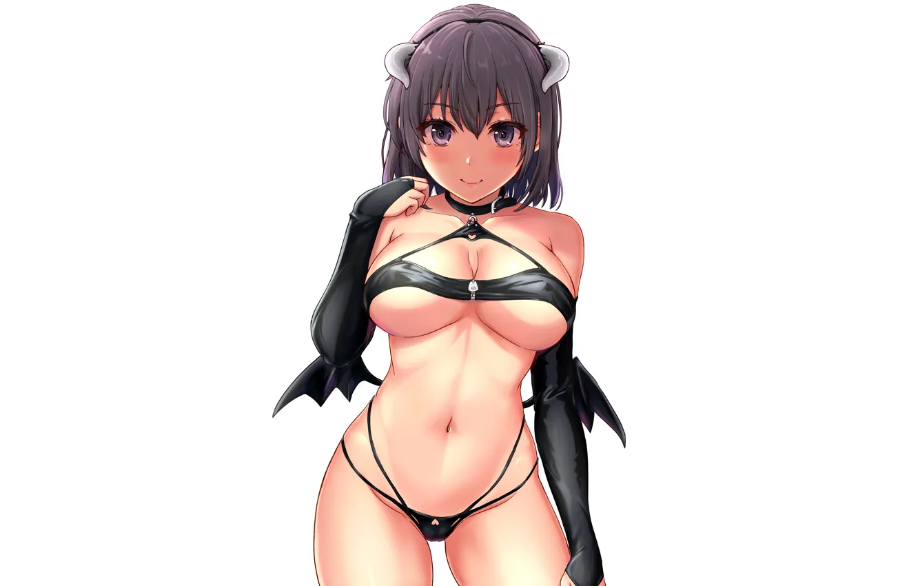 Photo wallpaper girl, sexy, cleavage, boobs, anime, wings, beautiful, short hair