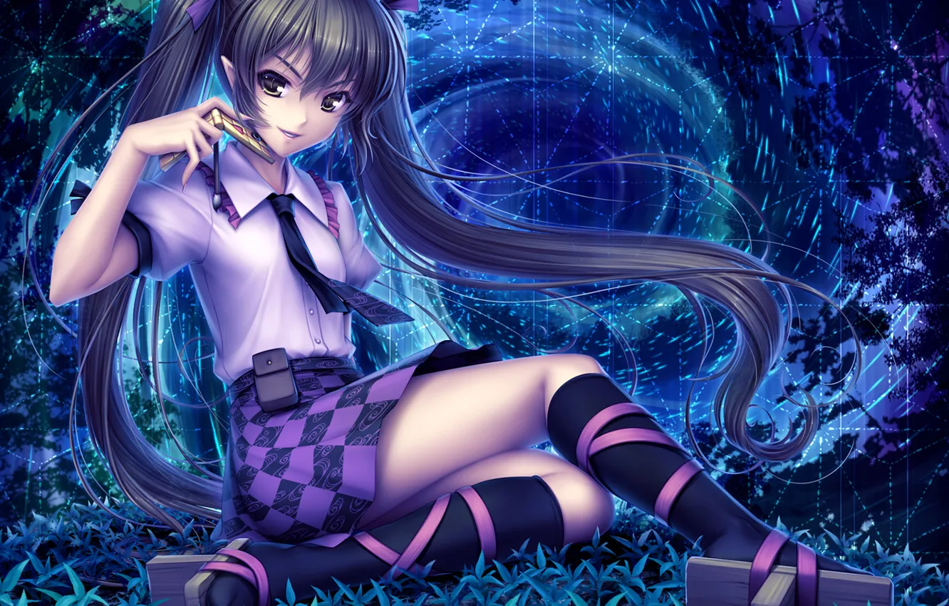 Photo wallpaper the evening, anime, garden, girl, phone