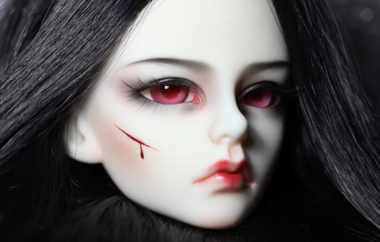 Photo wallpaper girl, doll, cuts, red eyes, black hair, doll, BJD, jointed doll