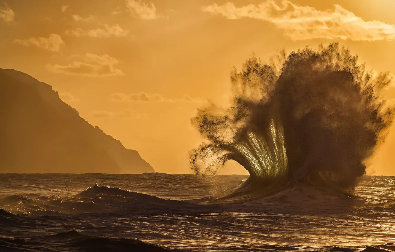 Photo wallpaper sea, wave, the sky, sunset, mountains, squirt, rocks