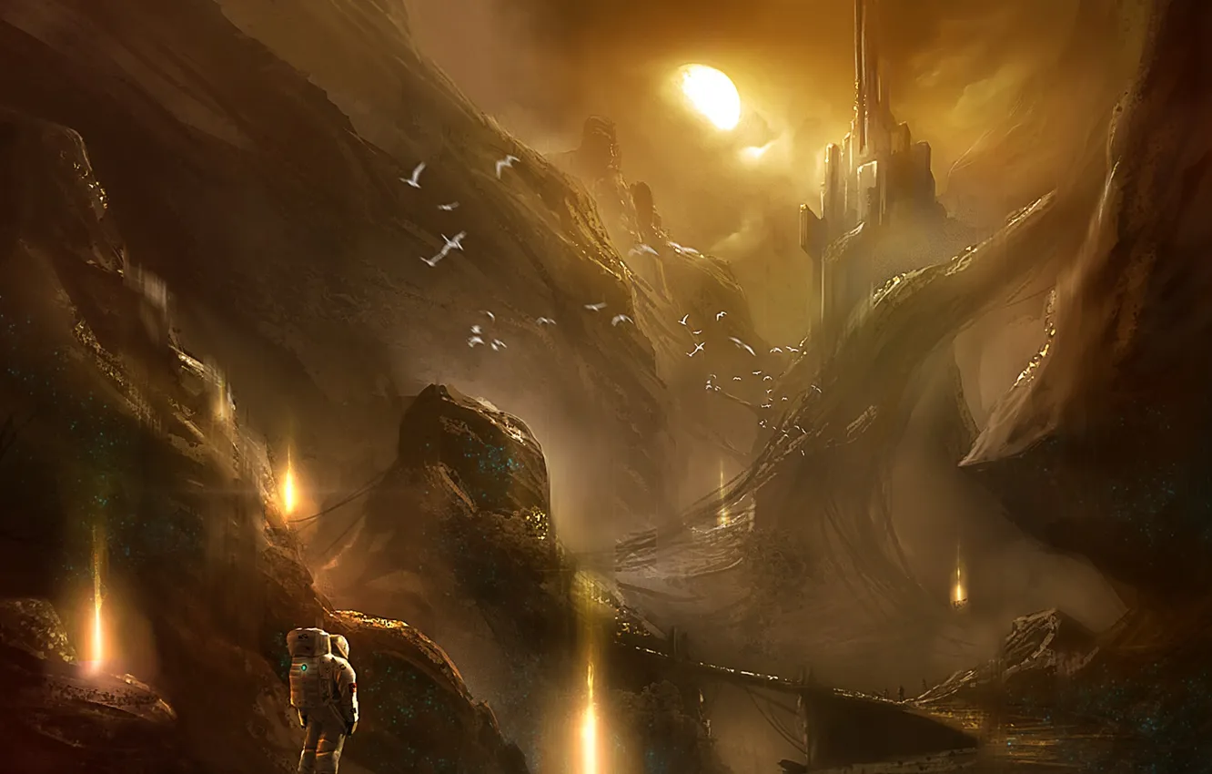 Photo wallpaper the sun, landscape, mountains, fiction, rocks, astronaut, art, astronaut