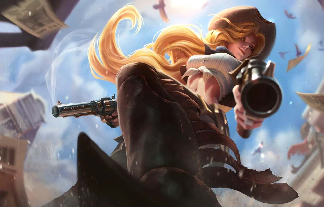 Photo wallpaper hat, boots, art, braid, topic, revolver, splash, League of Legends