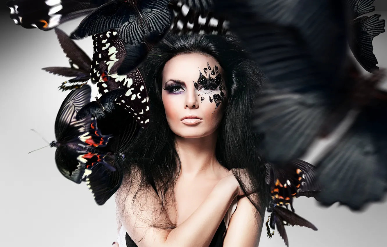 Photo wallpaper girl, face, butterfly, photoshop, makeup