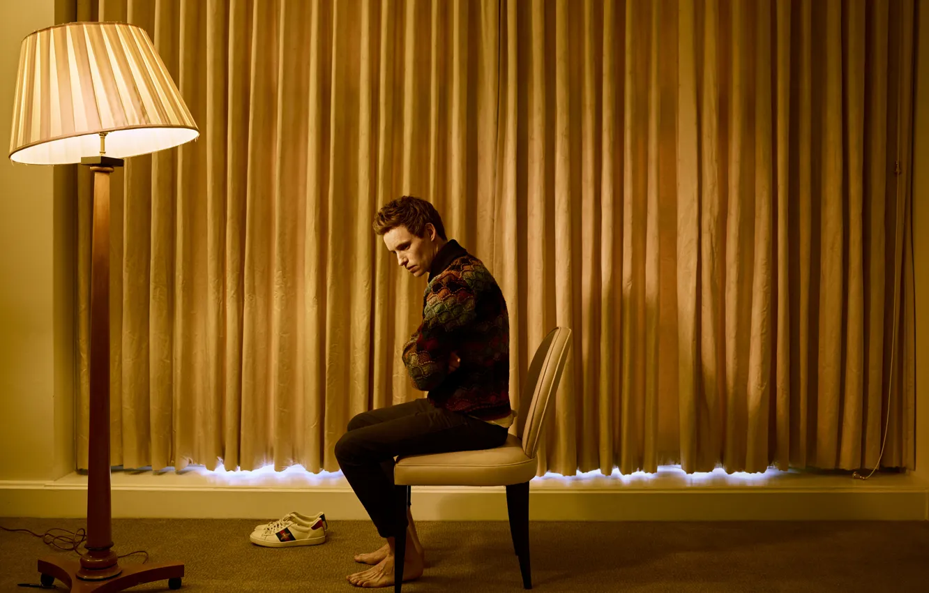 Photo wallpaper light, lamp, barefoot, actor, curtains, sitting, floor lamp, sneakers