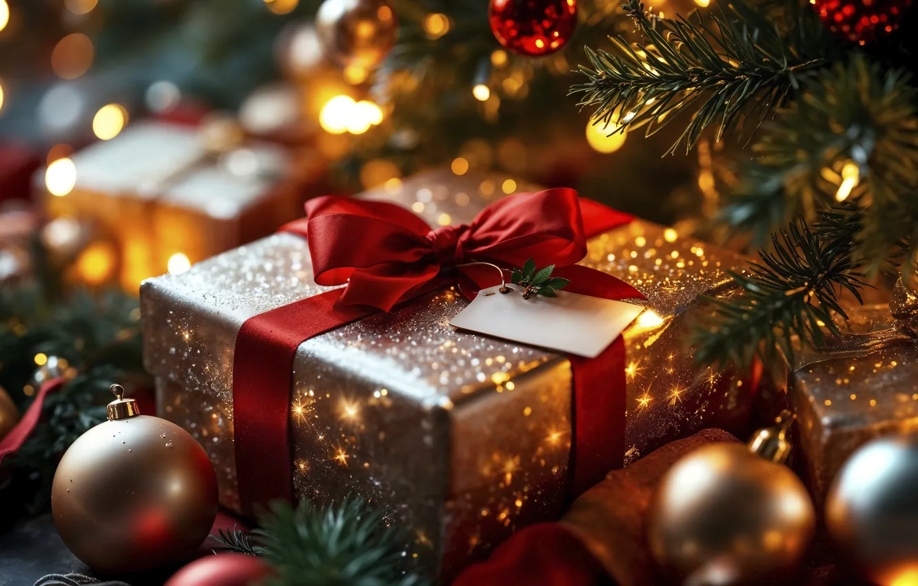 Photo wallpaper decoration, gift, tree, new year, Christmas, Christmas, tree, celebration