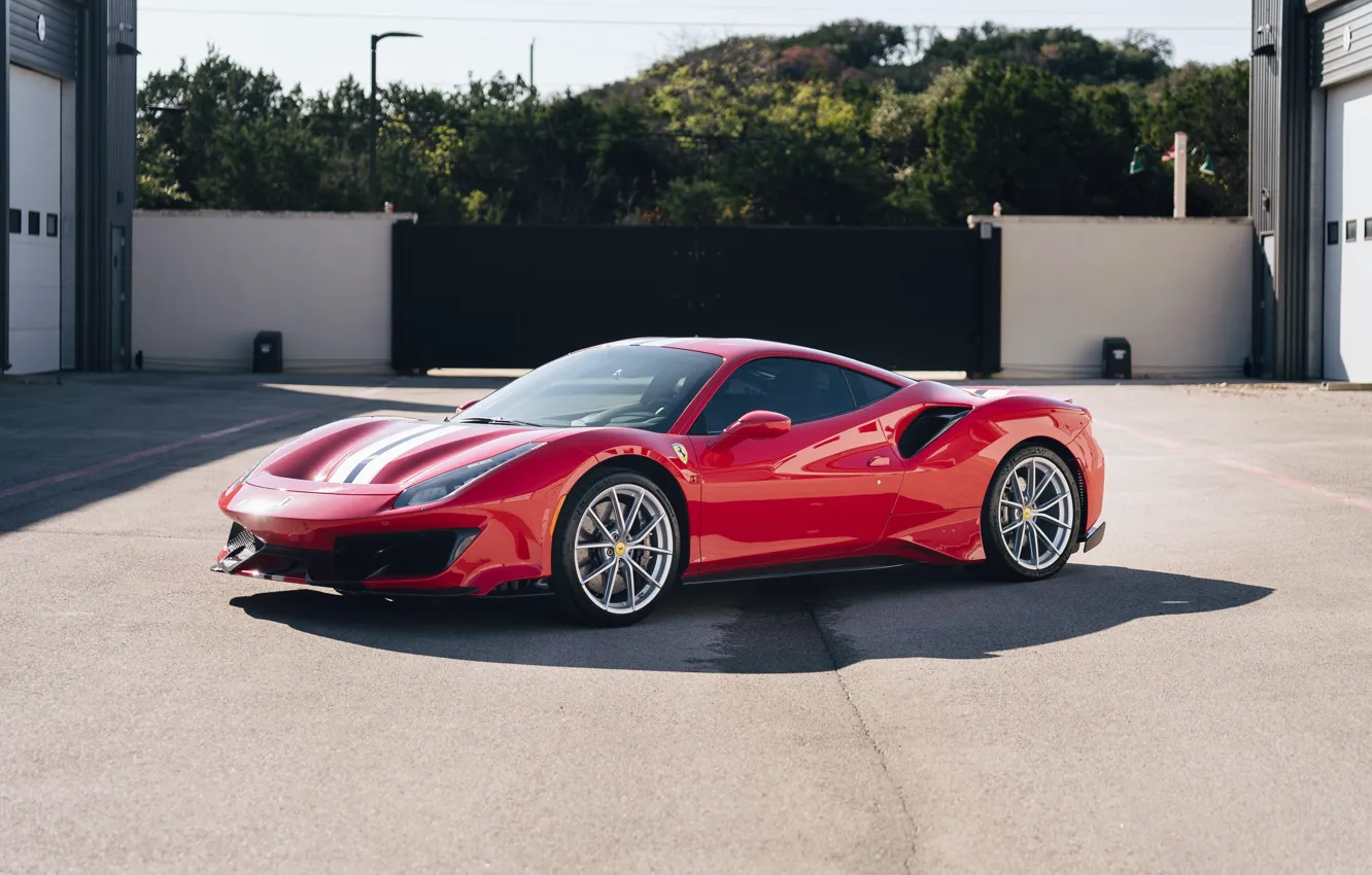 Photo wallpaper Ferrari, red, Supercar, Garage, 488 Pista