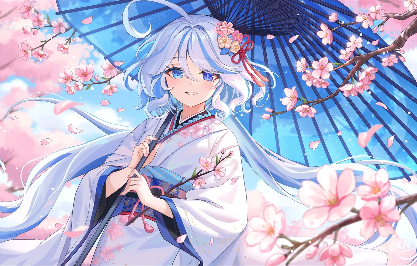 Photo wallpaper flowers, smile, umbrella, spring, petals, Sakura, kimono, Furin