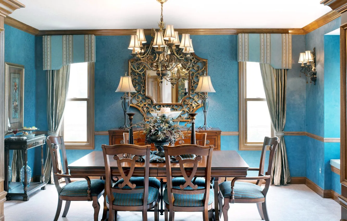 Photo wallpaper flowers, blue, design, style, table, blue, furniture, Windows