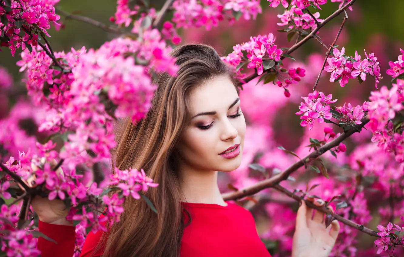 Photo wallpaper trees, flowers, branches, nature, pose, portrait, spring, makeup